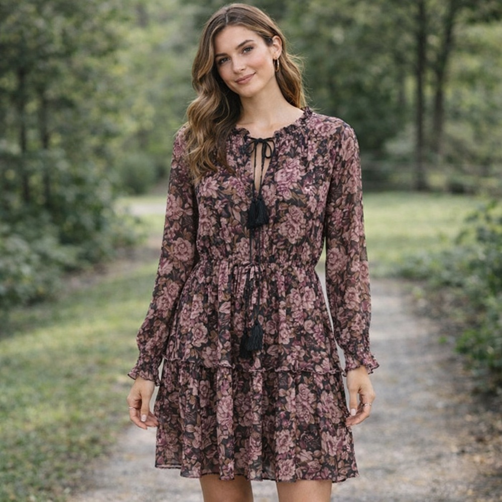 Floral Long Sleeve Dress XS Romantic Boho Tie Waist Mauve Pink